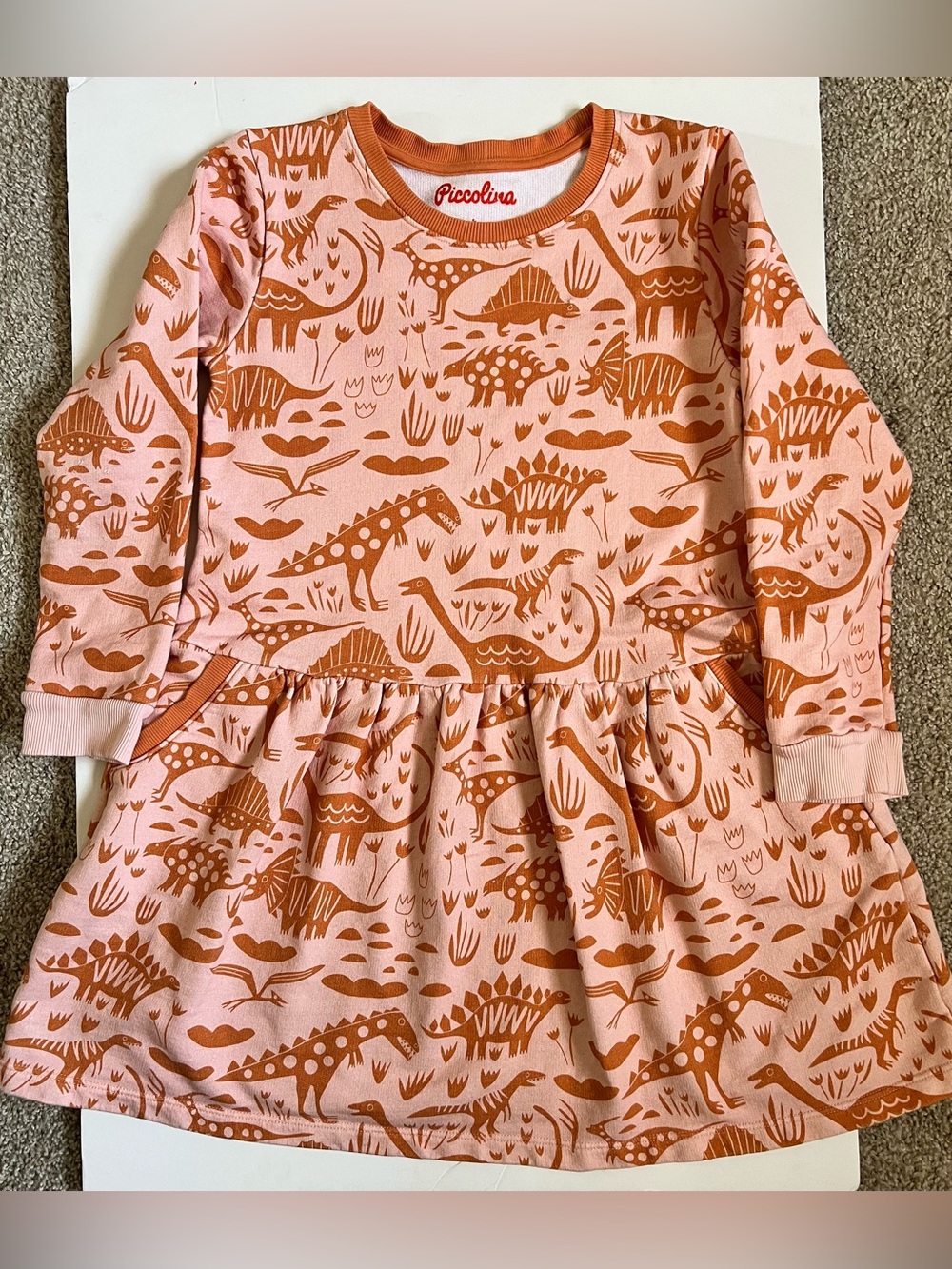 Piccolina Orange & Rust Dinosaur Long Sleeve Kids Top Dress With Pockets 🦖🦕